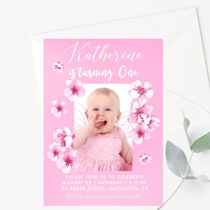 Cherry Blossom Photo Birthday Invitation, Editable Pink Cherry Blossom Printable Invitation for you to Instantly Edit, Download and Print CB