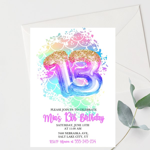 Editable Mermaid 13th Birthday Invitation, Thirteen Birthday Invitation Rainbow Mermaid Invitation, Instant Download Mermaid Invite