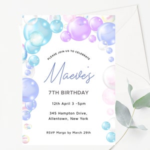 Pastel Rainbow Bubbles Birthday Invitation, Bubble Party Girl's Invitation, Pastel Balloons Birthday Invitation for Instant download, PB