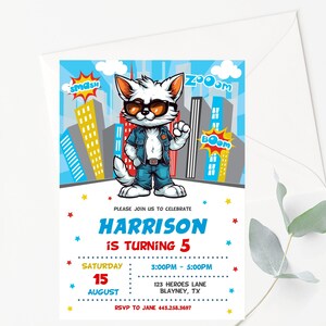 Editable Boys Birthday Invitation Cool Dude Birthday Invitation Cool Cat Birthday Invitation Instant Boys Party Invitation Cat Invite