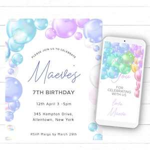 Editable Rainbow Bubbles Birthday Invitation Pastel Bubbles Girl's Invitation Pastel Balloons Birthday Invitation for Instant download PB