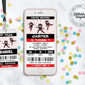 Editierbare Ninja Geburtstagseinladung in 3 Hauttönen plus gratis ID-Badges Ninja-Telefon-Einladung Ninja-Text-Einladung Ninja-Party-Einladung