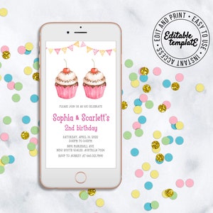 Twin Girls Birthday Invitation Template Multiple Birthday Invitation Editable Electronic Twins Birthday Invite Instant Edit, Download Send