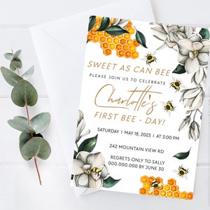 Editable First Bee Day Invitation Bee 1st Birthday Invitation Bee Themed Birthday Party Honeybee Birthday Invitation Instant Download