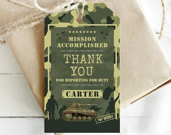 Army Party Thank you cards edit in Corjl Favor cards Gift tags Editable tags Personalized thank you tags Party bag tags Printable tags  AAA7