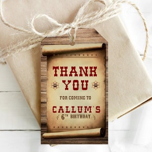 Etichette di ringraziamento da cowboy, etichette per regalo di compleanno di cowboy occidentali, biglietti bomboniere, etichette per regali di compleanno di origini occidentali, poster di ricercato modificabile, etichette di compleanno, WPO1