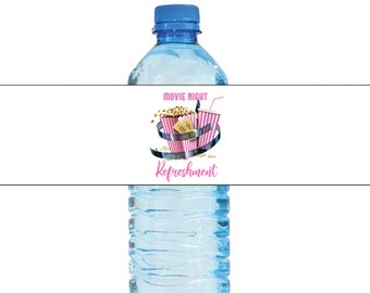 Editable Movie Night Party Bottle Labels, Movie Night Birthday Party Water bottle labels, Girls Backyard Movie Night Party Labels - MNP6