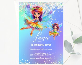 May include: A birthday invitation with a blue and purple gradient background. The invitation features two fairies with rainbow wings and flowers in their hair. The text on the invitation reads "Lana is turning five!" and includes the date, time, and location of the party.