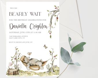 Woodland Invitation Editable Woodland Bear Birthday Invitation Editable Forest Invitation, Bearly Wait Invitation Instant Download