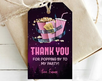 Movie night birthday party Thank you cards that you edit in Corjl. Movie night gift cards Personalized thank you tags Favor tags - MNP6