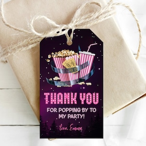 Movie night birthday party Thank you cards that you edit in Corjl. Movie night gift cards Personalized thank you tags Favor tags - MNP6