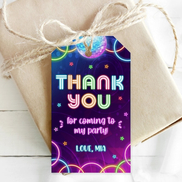 Glow Party Thank you cards Glow Favor cards Gift tags Editable disco thank you tags Personalized thank you tags Printable tags neon- GGB1