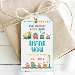 Tarjetas Train Favor que puedes personalizar, guardar e imprimir. Etiquetas de regalo Etiquetas editables Etiquetas de agradecimiento personalizadas Etiquetas imprimibles Fiesta del tren - RWB3