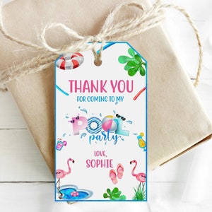 Editable Pool Party Thank you tags Instant download Pool Birthday Party Decor Swimming Party Thank You 12 Pool Party tags per page.  PPT3