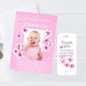 Cherry Blossom Photo Invitations Editable Pink Cherry Blossom Birthday Party Invitation for Instant Editing Downloading and Printing CB