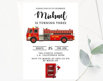 Editable Fire Engine Birthday Party Red Fire Truck Birthday Party ...