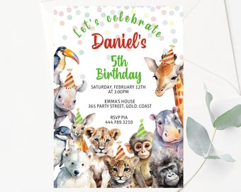 Party Animals Birthday Invitation, Editable Party Animals Invitation, Safari Baby Zoo Animals Birthday Invitation, Instant Download