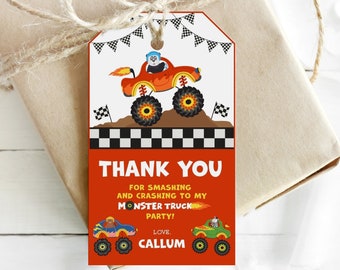 May include: Red and orange monster truck thank you tag with black and white checkered background. The tag says "Thank you for smashing and crashing to my monster truck party! Love, Callum".