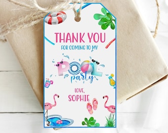 May include: White thank you tag with blue and pink accents. The tag says "Thank you for coming to my pool party, love, Sophie". There are illustrations of a pool, a flamingo, a beach ball, and a life preserver.