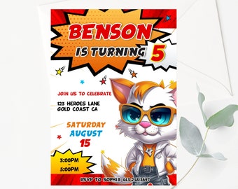 Invito di compleanno modificabile per ragazzi Invito di compleanno con gatto fantastico Invito di compleanno con tizio fantastico Invito istantaneo per la festa dei ragazzi Invito con gatto