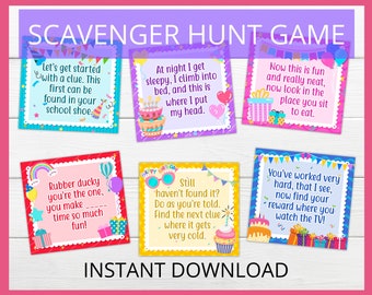 Scavenger Hunt Game -  Print as is or edit the text! Treasure hunt game, Instant download, birthday party games, girls party games