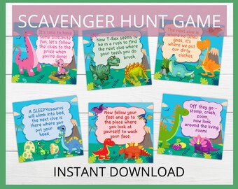 Scavenger Hunt Game -  Print as is or edit the text! Treasure hunt game, Instant download, Dinosaur birthday games, Dinosaur party