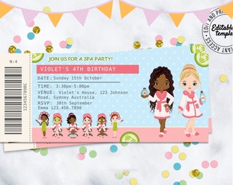 Pamper Party Ticket Invitation Spa Party Birthday Ticket Invitation Ticket Spa Birthday Invitation