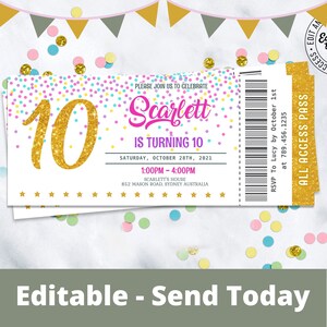 Gold Geburtstagseinladung Gold Glitter Konfetti Ticket Einladungsvorlage Konfetti Geburtstag einladen Girls Ticket Invite Instant Edit Download