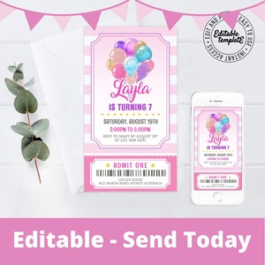 Bearbeitbare Mädchen Geburtstagseinladung Mädchen Ticket Einladung Vorlage Mädchen Ballon Einladung Rosa Einladung Elektronisch Sofort download
