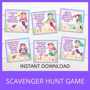 May include: A set of ten printable mermaid-themed scavenger hunt game cards. Each card features a different mermaid illustration and a riddle to solve. The cards are designed with a pink, blue, and green color scheme and have a glittery background.