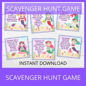 May include: A printable scavenger hunt game with a mermaid theme. The game includes six cards with instructions and clues for a mermaid-themed scavenger hunt. Each card features a colorful illustration of a mermaid.