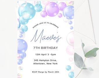 Pastel Rainbow Bubbles Birthday Invitation, Bubble Party Girl's Invitation, Pastel Balloons Birthday Invitation for Instant download, PB