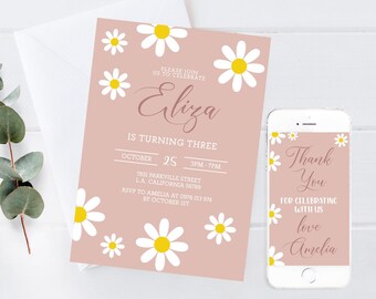 Daisy Birthday Invitation Editable Boho Daisy Birthday Invite Pink Daisy Party Invitation Template Printable Instant Download DO