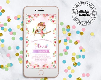 Fairies birthday digital Invitation to edit Birthday invitation Instant download Electronic invitations Birthday Phone invite Fairies - FRT7