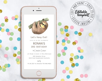 Editable Sloth Invitation, Instant edit and download, send as a text. Editable sloth electronic birthday invitation, baby sloth text evite