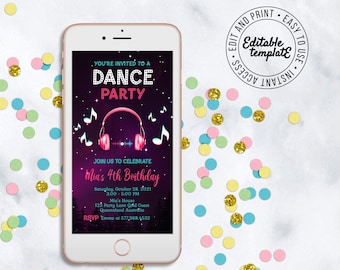 Editable Dance Party Invitation Template Disco Birthday Party Digital Dance Party Invite Silent Disco Invitation