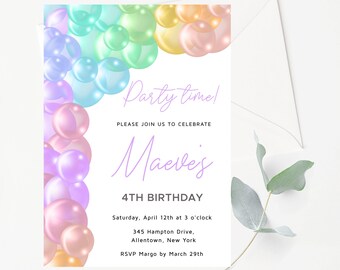 Bubbles Birthday Invitation, Rainbow Pastel Bubbles Birthday Invitation, Pastel Balloons Birthday Invitation for Instant download, PB