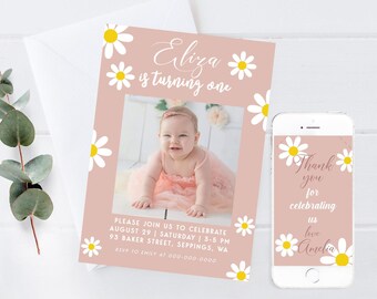 Daisy Invitation Editable Photo Daisy Birthday Invite Daisy Birthday Invitation Boho Pink Flower Invitation Printable Template DO