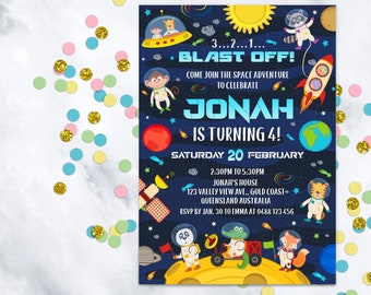 Editable Outer Space Birthday Invitation Template, Boys 1st Birthday Galaxy Blast Off, First Trip Around the Sun, Download Printable - OSP4