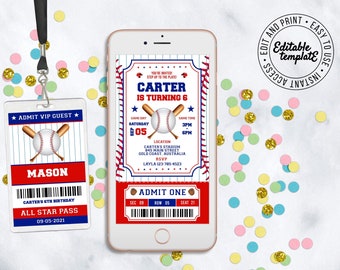 Baseball Phone Invitation plus free matching ID badges that you can personalise download instantly and print or send as a text. Baseball