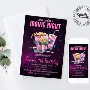 Movie Night Invitation Movie Birthday Invitation Movie Sleepover Popcorn Party Invitation Instant Download Editable Invitation MNP6 image 7