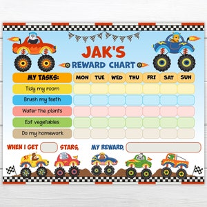 Gráfico de recompensas de Monster Truck editable Gráfico de tareas de Monster Truck editable para personalizar e imprimir al instante Gráfico de tareas de camión editable