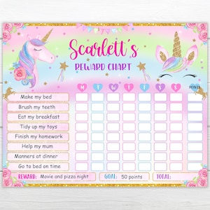 Bearbeitbare Mädchen Chore Chart Einhorn Belohnung Tabelle Kinder bearbeitbare Belohnung Tabelle Verhaltenstabelle Sofort bearbeiten und herunterladen TUP5