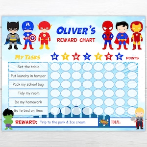 Editable Superhero Chore Chart Reward chart Personalise the name etc and print instantly.Instant Printable reward chart Good Behaviour chart