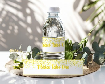 Etiquetas de botellas de agua amarillas Fiesta de cumpleaños de confeti amarillo Etiquetas de botellas amarillas 100% editables Etiquetas de botellas temáticas de fiesta amarilla