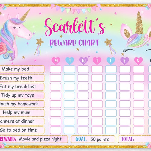 reward chart unicorn reward chart printable instant etsy
