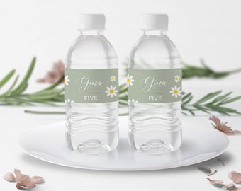 Daisy Birthday Bottle labels, Editable Olive Green Party labels, Editable Daisy Water Bottle Labels,  Printable Boho Daisy Flower labels G9