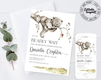 Editable Teddy Bear Invitation Woodland Bear Birthday Invitation Editable Bear Invitation I Can Bearly Wait Invitation Instant Edit Download