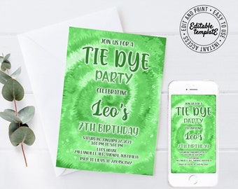 Tie dye digital Invitation that you can easily personalize and print yourself. GREEN Tie Dye Invitation you edit and print instantly.