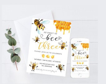 Bearbeitbare Biene-Geburtstagseinladung, bearbeitbare Hummel-Einladung, Honigbiene-Geburtstagsfeier-Einladung zum sofortigen Bearbeiten und Herunterladen